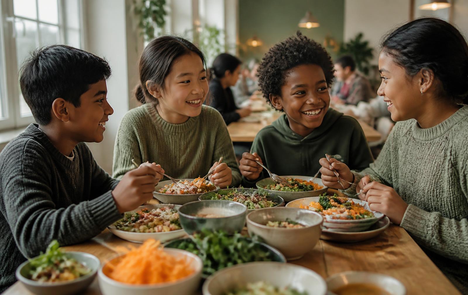 Two children eating a colourful wholesome meal at a sunlit kitchen table